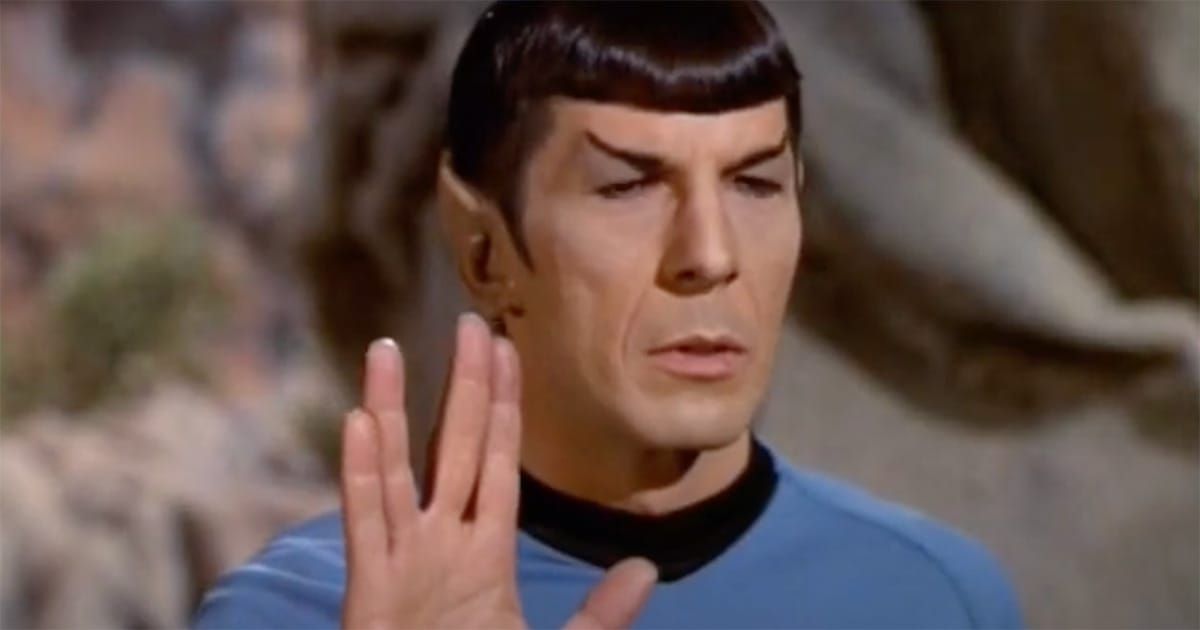 Mr. Spock raising his hand in the Vulcan salute during the "Star Trek" episode "Amok Time" (1967)
