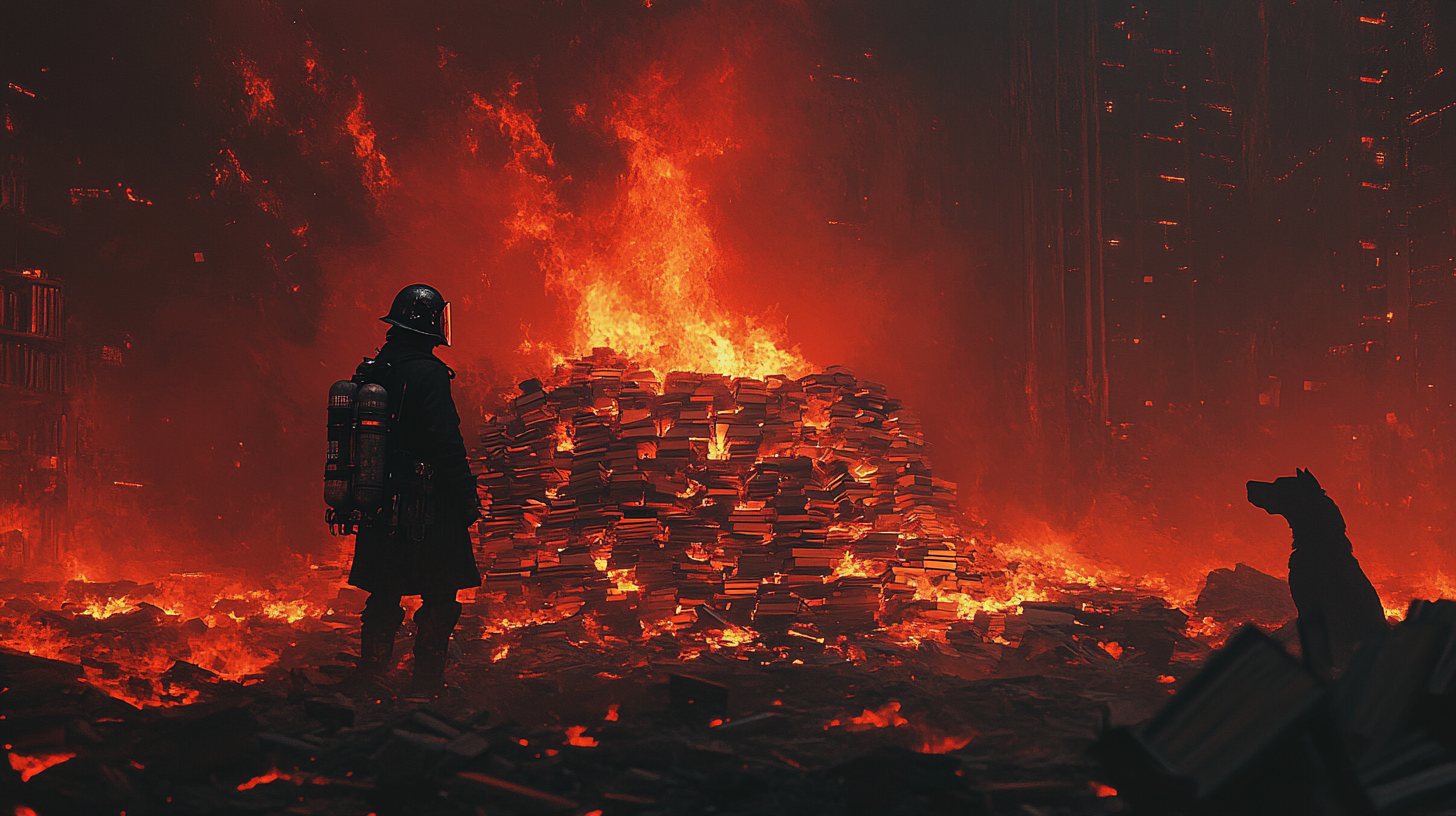 A lone fireman in dark gear stands before a massive pile of burning books as a mechanical hound watches nearby, surrounded by fire and ash in a dystopian setting.