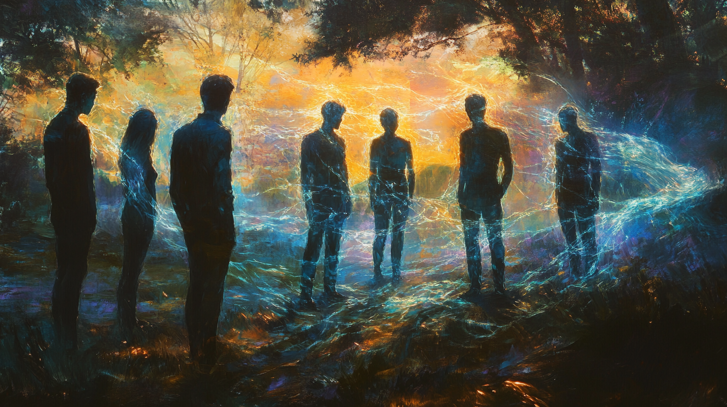 A group of human figures connected by glowing strands of light in a twilight forest, symbolizing psychic unity and emotional evolution.