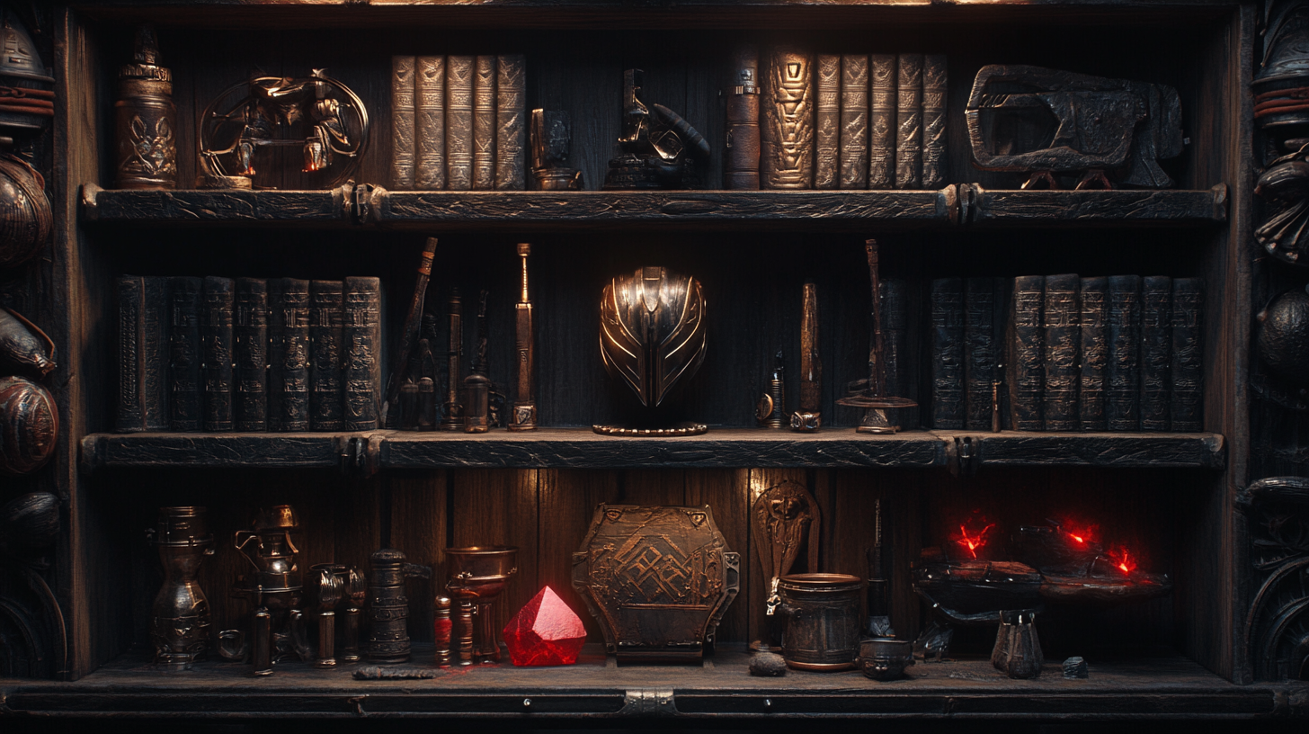 Wooden display shelf featuring warrior-themed items including ancient books, metal weapons, a battle helmet, red glowing crystals, and ceremonial artifacts in a dark, tribal sci-fi style.