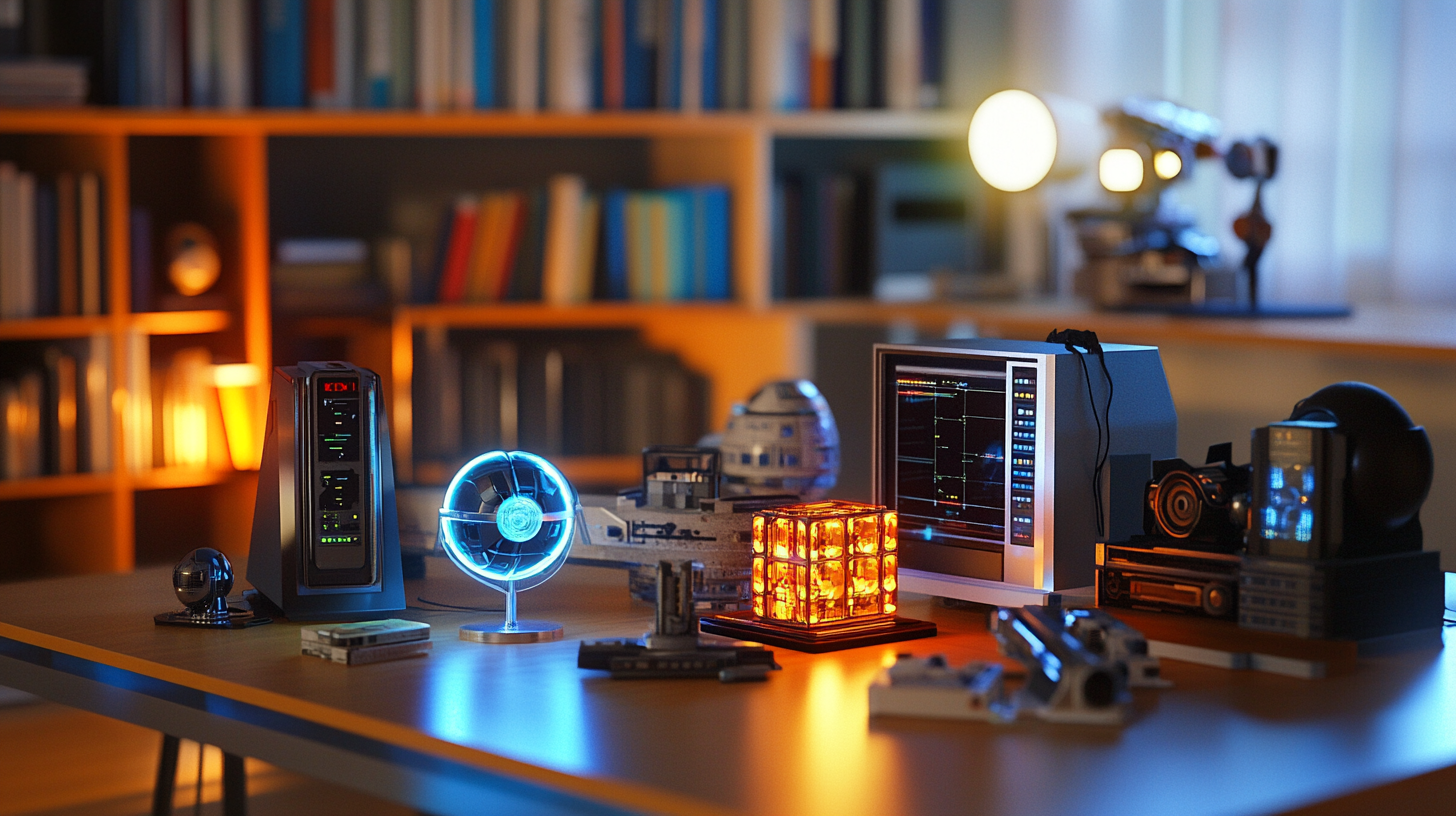 Retro-futuristic sci-fi display table with glowing gadgets and miniature spacecraft in a warm study with bookshelves