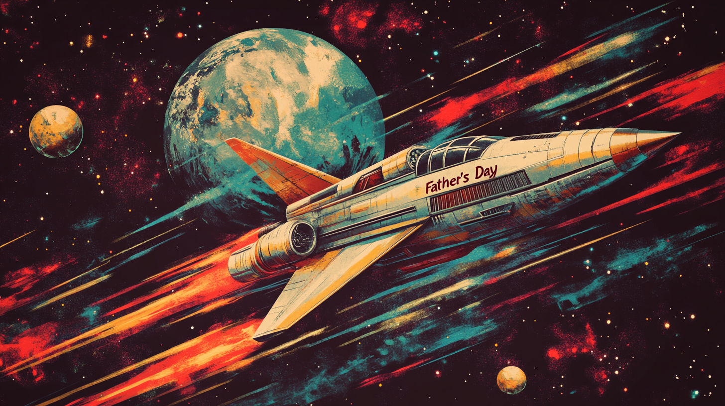 Retro sci-fi artwork of a sleek rocket labeled "Father's Day" soaring through a colorful galaxy past planets and stars.