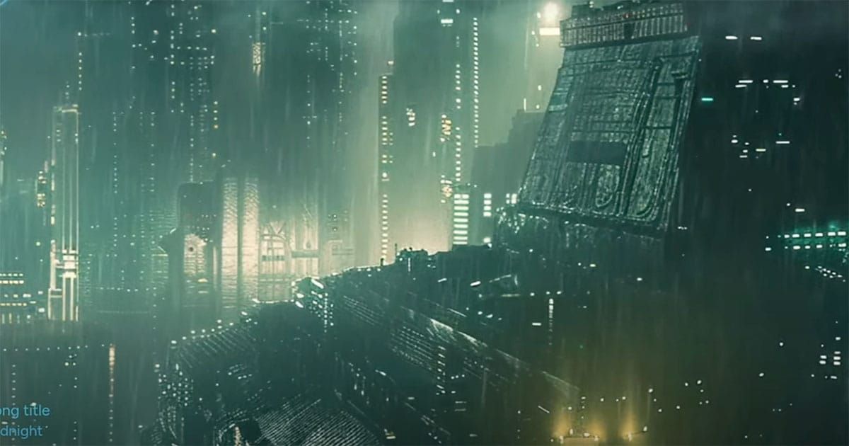 Rainy futuristic city skyline from "Blade Runner" with towering buildings and neon lights in the mist