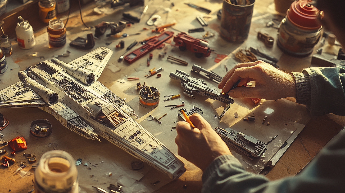 Hands assembling detailed sci-fi model kits on a cluttered workbench with tools, paint, and parts scattered around.