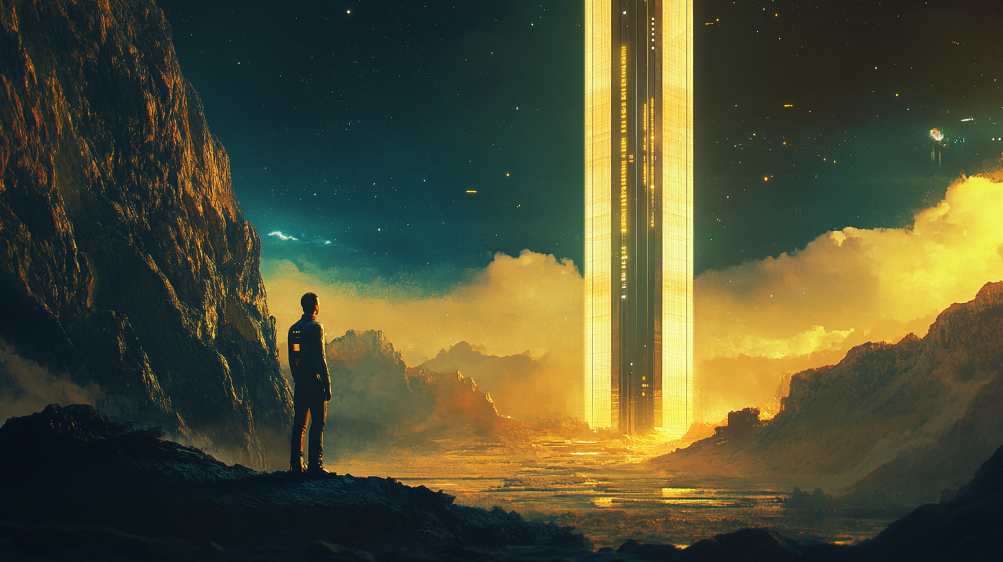 Vannevar Morgan gazes at a colossal golden space elevator rising from a mountain peak into a starlit sky, bathed in the glow of dawn.