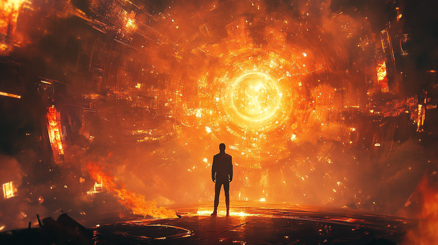 Silhouette of a man facing a fiery cosmic explosion inside a futuristic ruin, evoking transformation and chaos