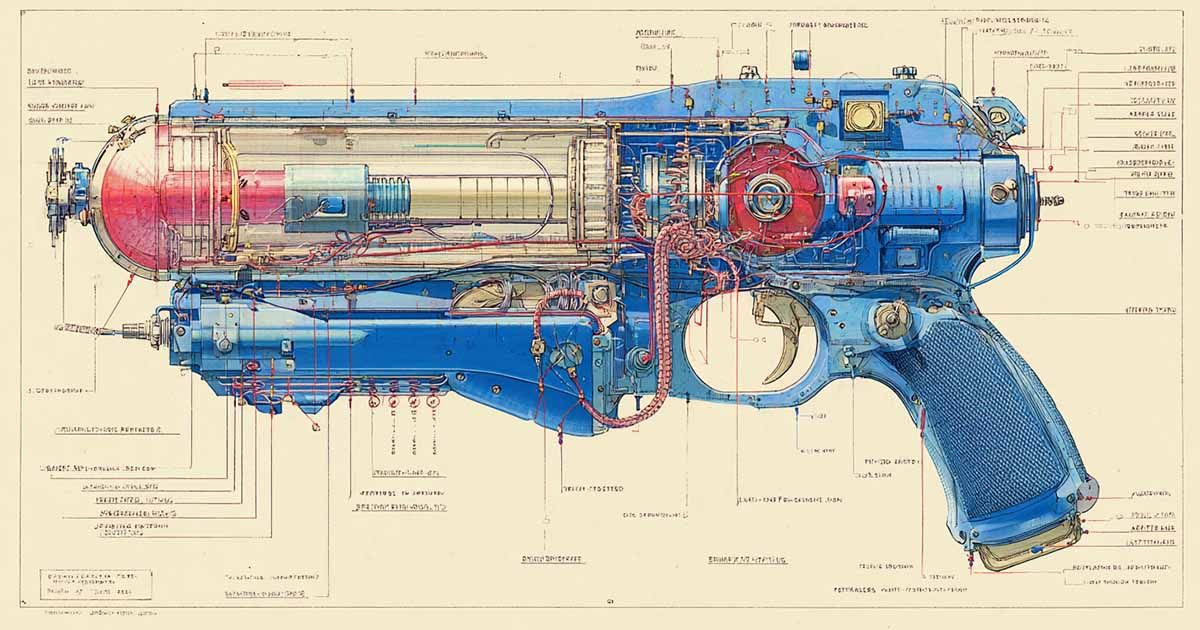 A cut-away image of a blaster in blue.