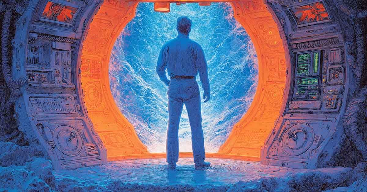 A brightly colored image of a man standing in front of a science fiction teleporter.