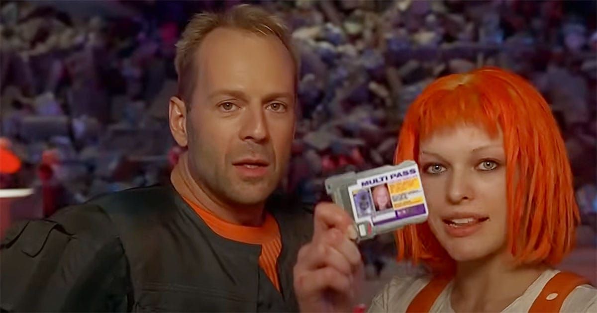 Korben Dallas and Leeloo holding a multipass ID card from The Fifth Element movie in a crowd setting.