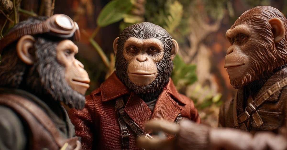 Close-up of three detailed Planet of the Apes action figures posed in a jungle diorama, evoking a serious discussion among the characters.