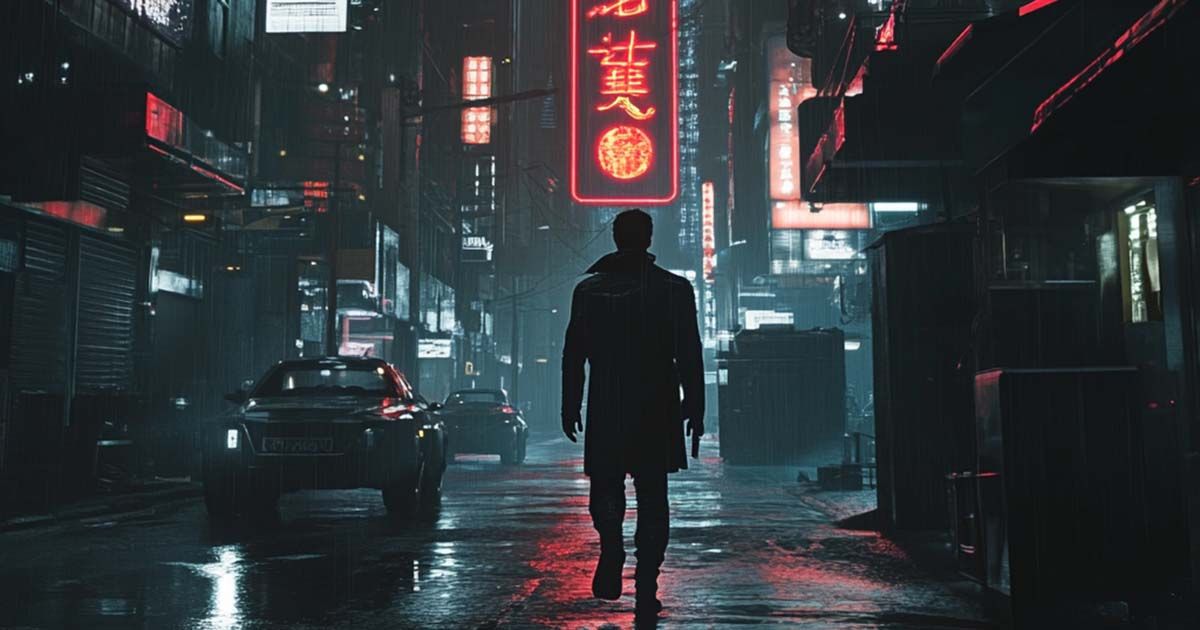 Blade Runner-themed gift collection concept with silhouetted figure in neon-lit rainy street at night.