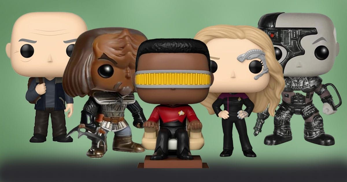 Group of Star Trek TNG Funko Pop figures with Geordi, Klingon Soldier, Seven, Locutus, and Picard.