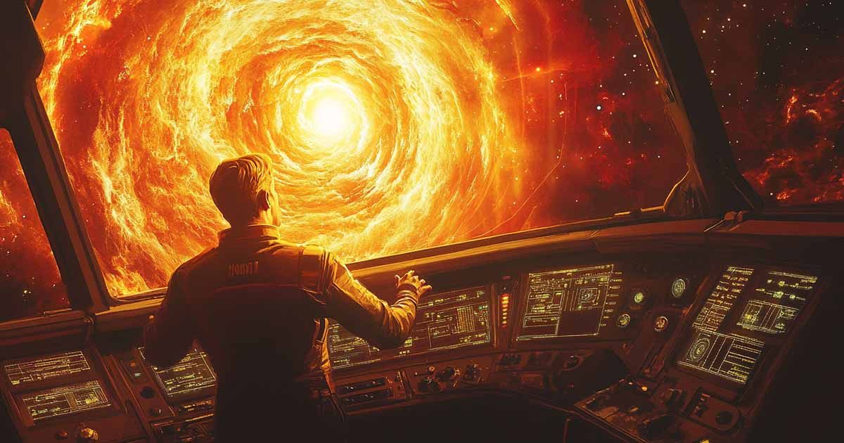 Captain Lorq Von Ray stands at the command deck of the Rocinante, gazing into a swirling golden nova through the starship’s panoramic viewport, surrounded by glowing futuristic controls.