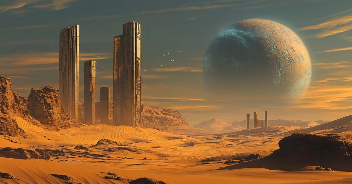 Sweeping desert landscape with futuristic towers and a massive planet in the sky, inspired by classic science fiction art.