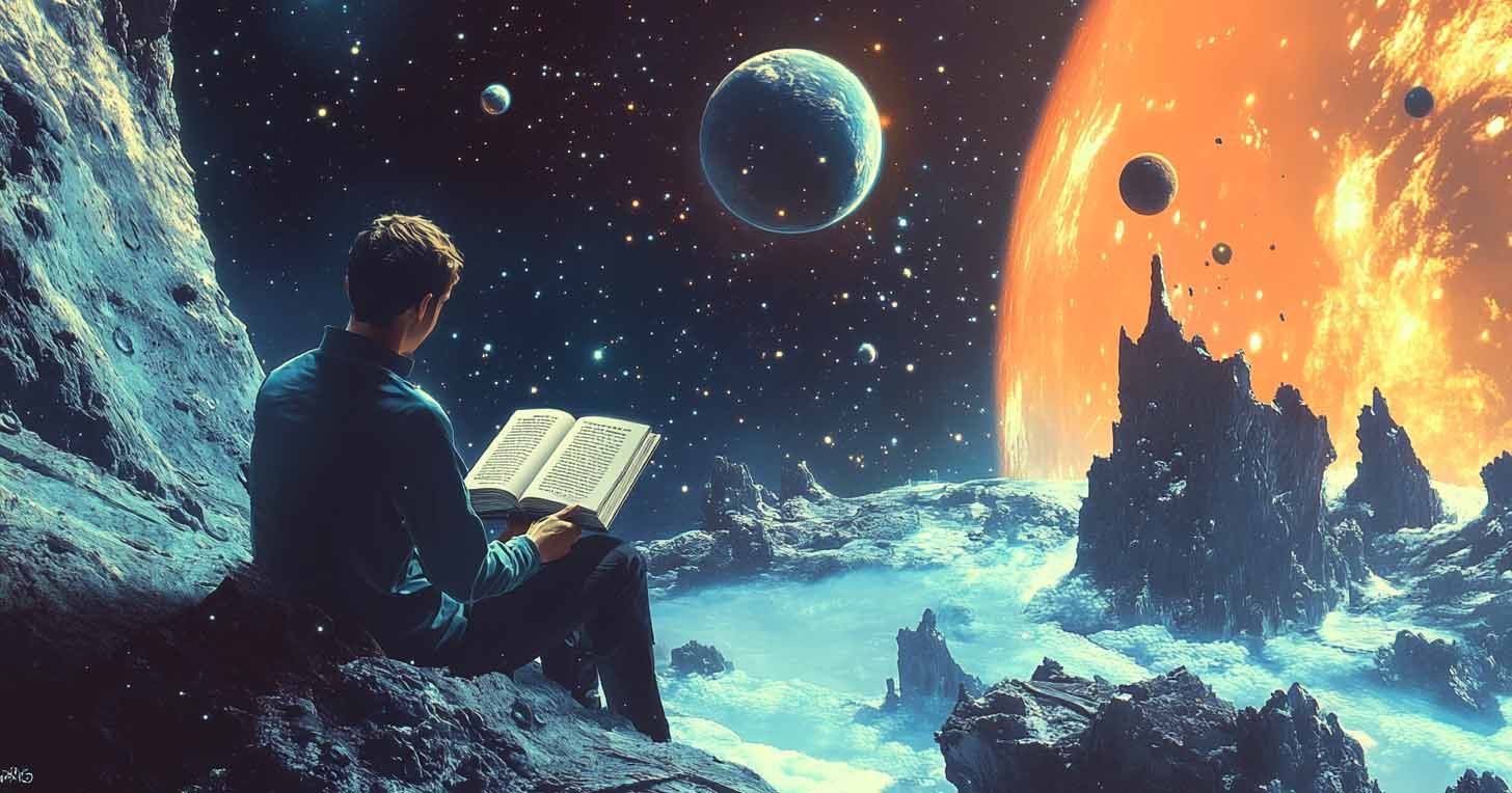 A man reads a book on an alien landscape under a vivid sky of stars and planets, celebrating National Book Lover’s Day through science fiction imagery.