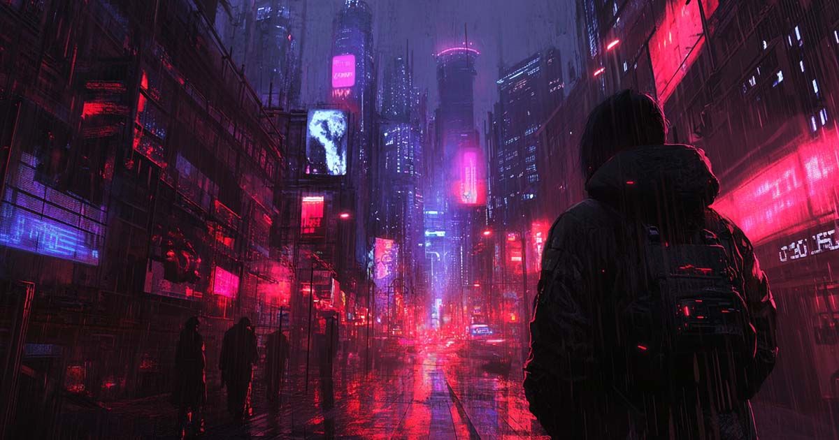Futuristic neon-lit city street in the rain with lone figure in a hooded jacket facing glowing skyscrapers and digital billboards.