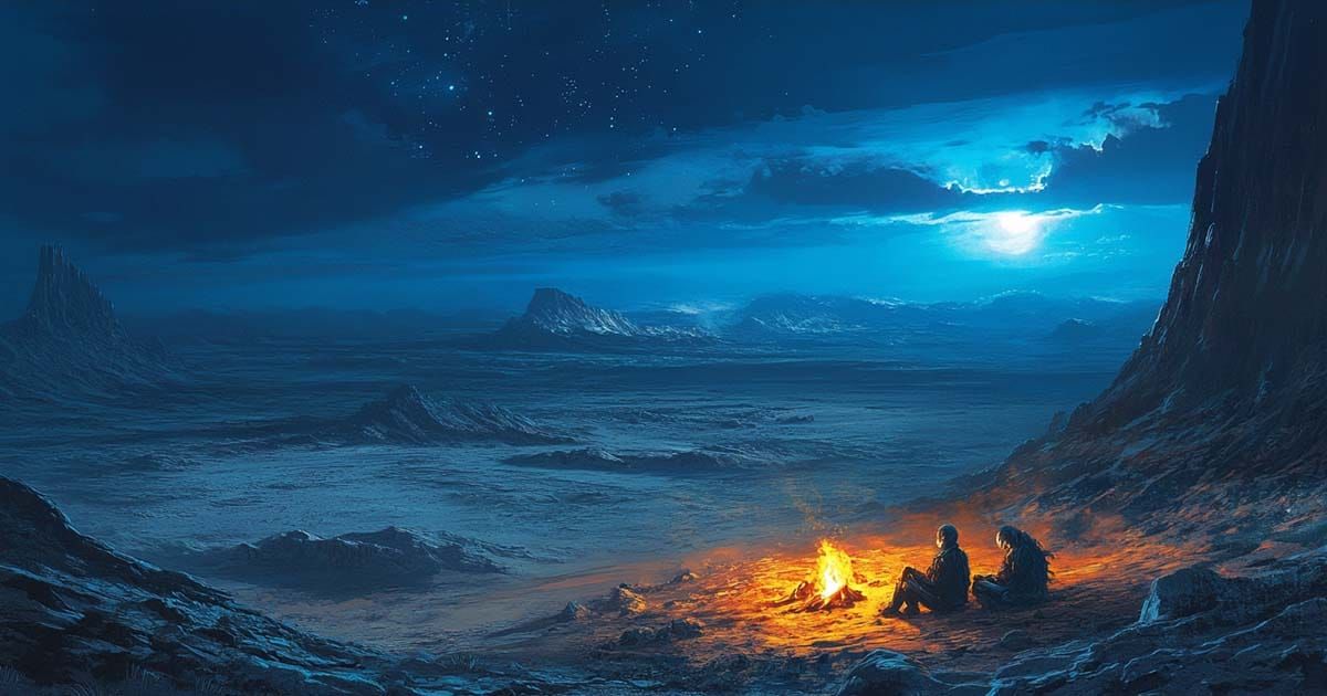Alien desert landscape with a human and reptilian figure sitting by a campfire under a starry blue night sky