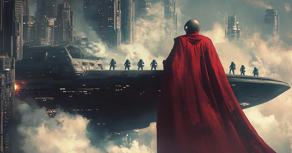 Alien commander in a red cape stands on a massive spaceship as it descends through clouds over a futuristic Earth city, evoking classic science fiction invasion themes.