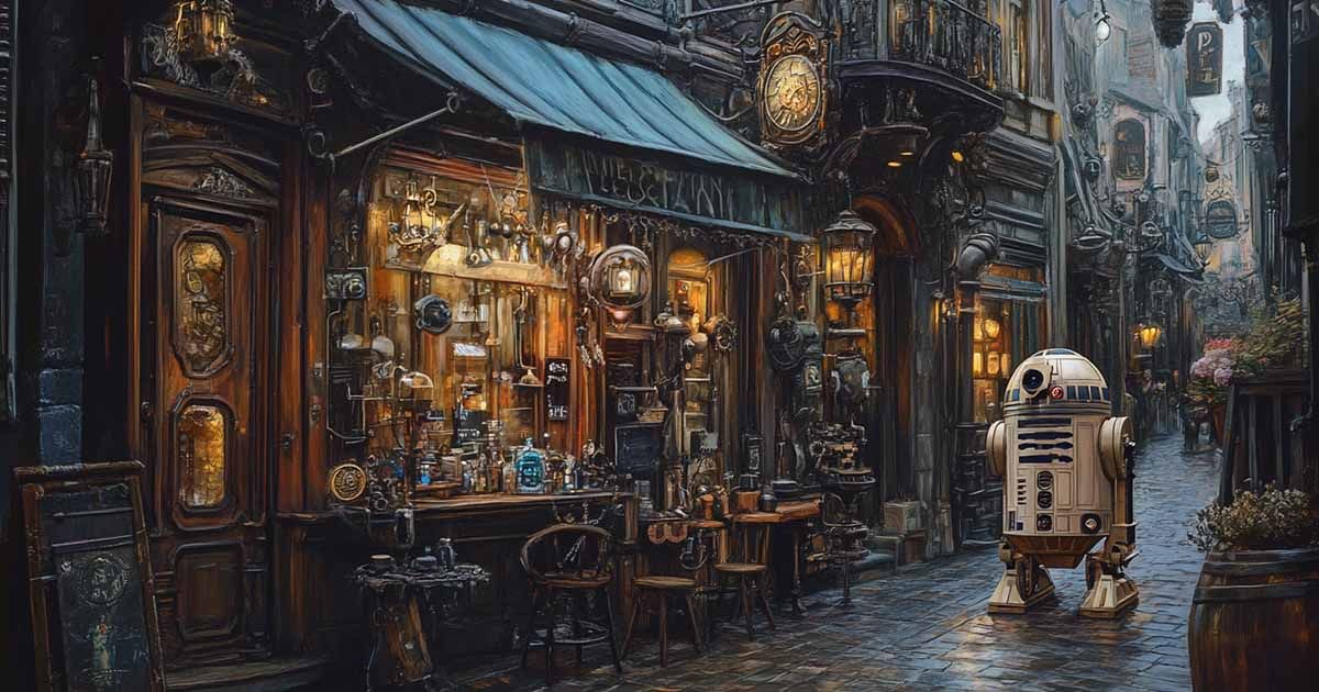 R2-D2 astromech droid standing on a cobblestone street outside a steampunk-style shop filled with vintage machinery and glowing lanterns.