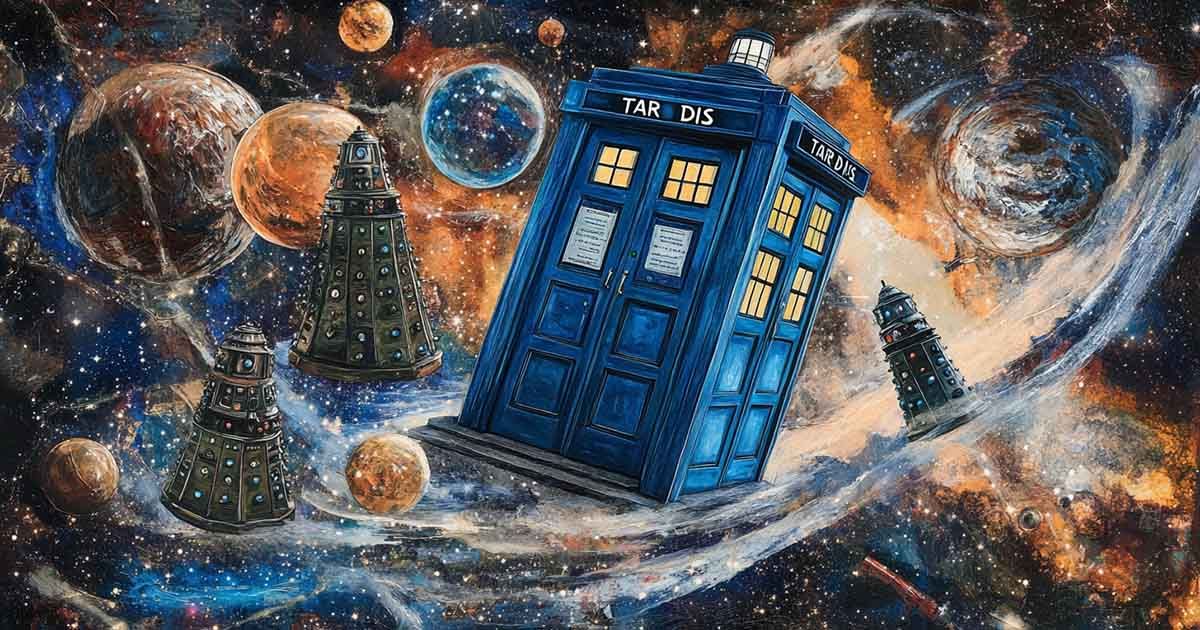 Illustrated Doctor Who scene in a Richard M Powers-inspired style, featuring the TARDIS floating in a vibrant space landscape with swirling galaxies, planets, and Daleks.