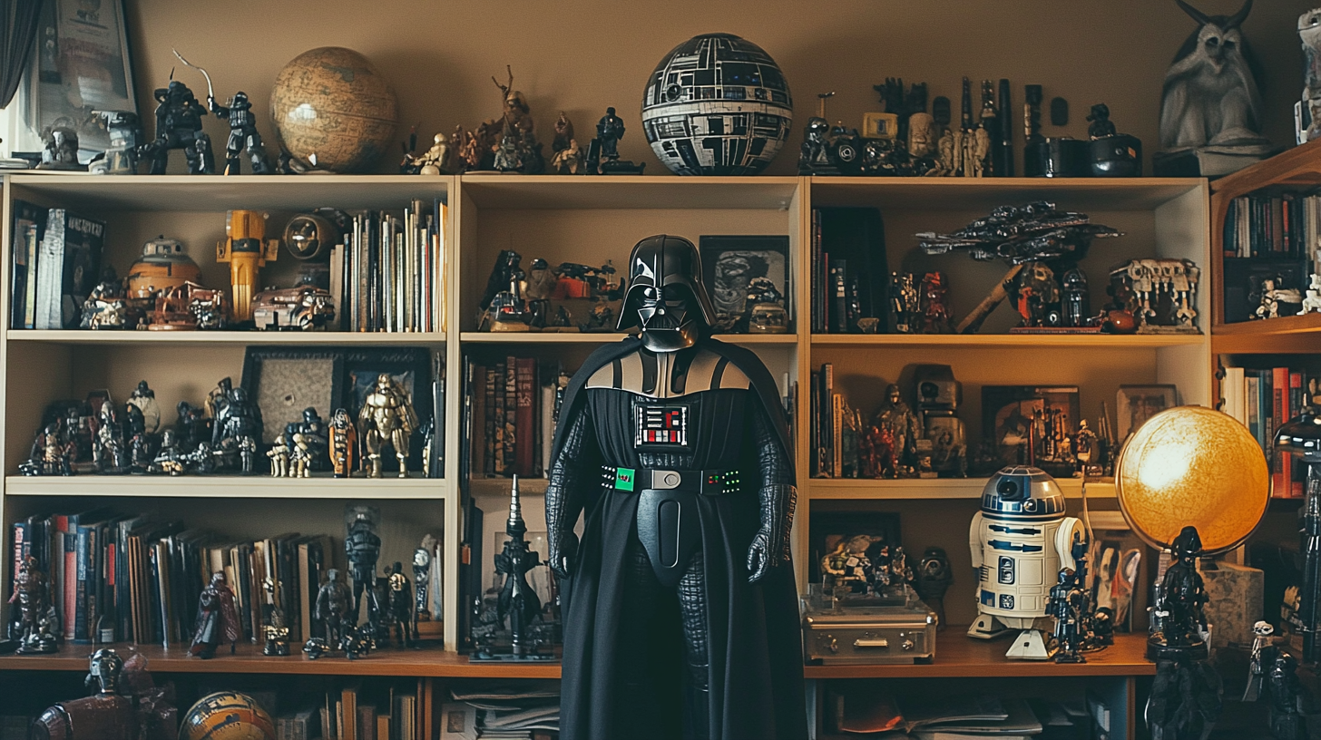 Star Wars collector’s room with Darth Vader statue, R2-D2 model, action figures, and memorabilia on wooden bookshelves.