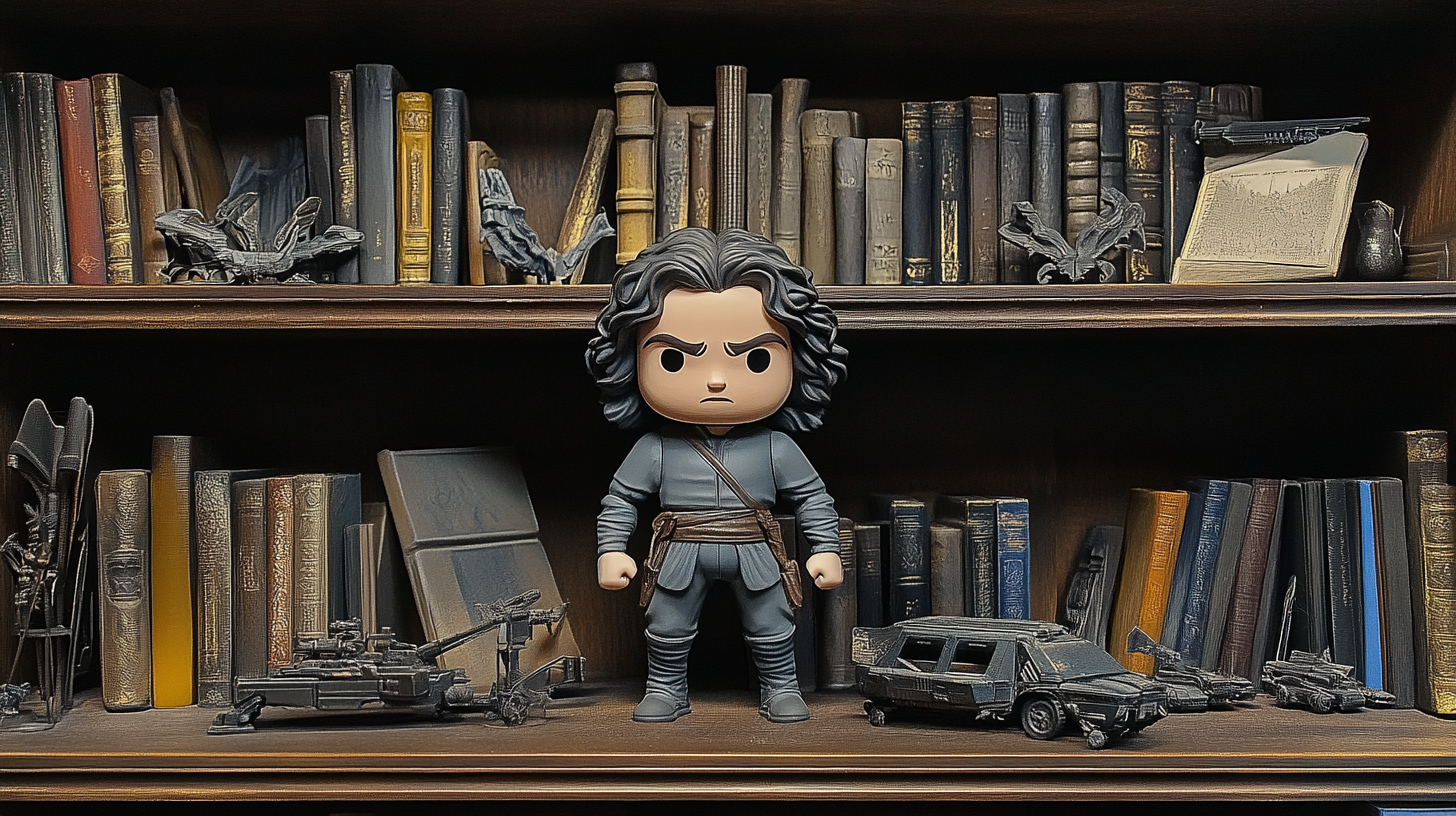 Bookshelf display with Dune-themed collectibles including a Paul Atreides figure, ornithopter models, and sci-fi vehicles arranged among vintage books.