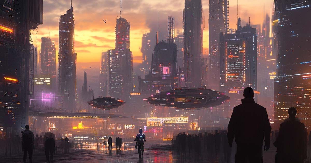 Humanoid robot and people overlooking a futuristic city skyline at sunset.