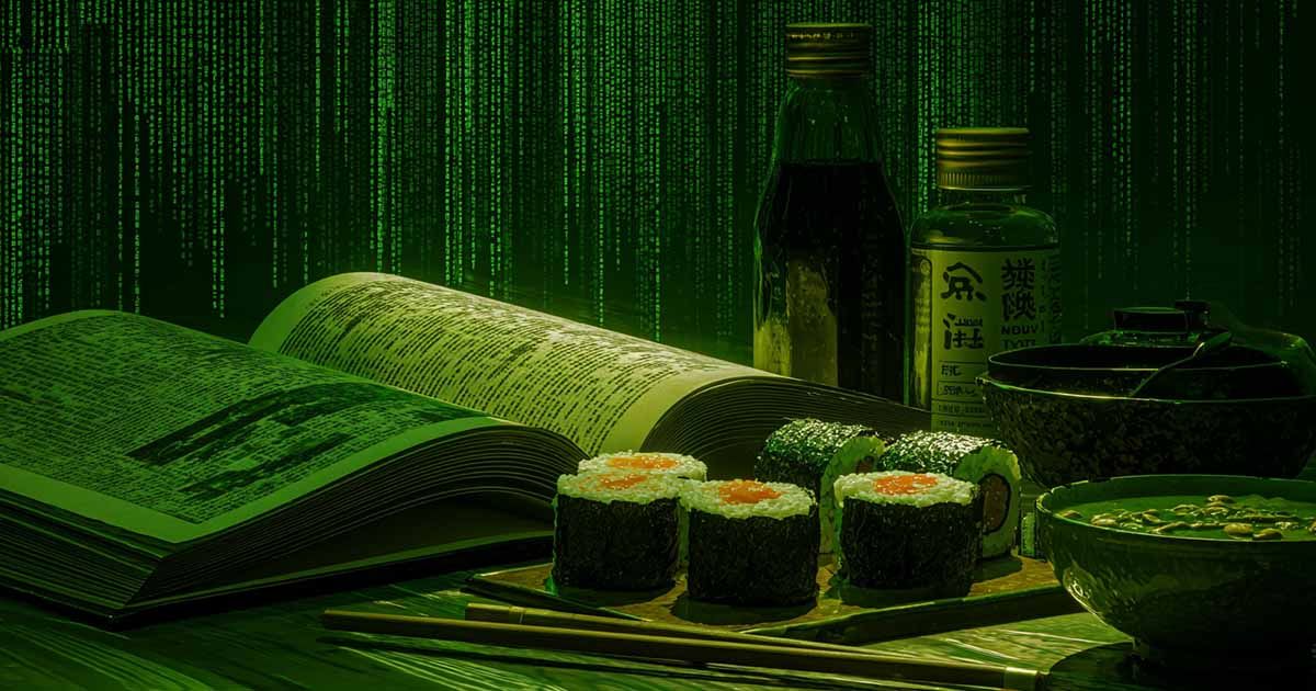 Open Japanese cookbook with sushi rolls and bottles in front of cascading green Matrix code background.