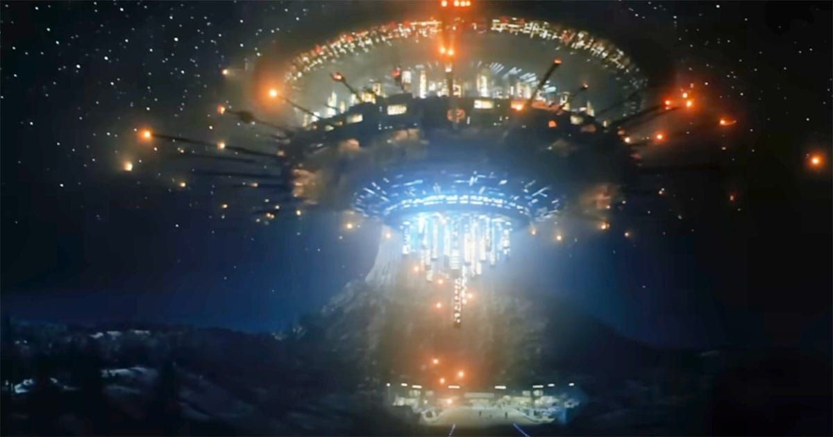 "Close Encounters of the Third Kind" mothership hovering above Devil’s Tower in Spielberg’s 1977 science fiction film.