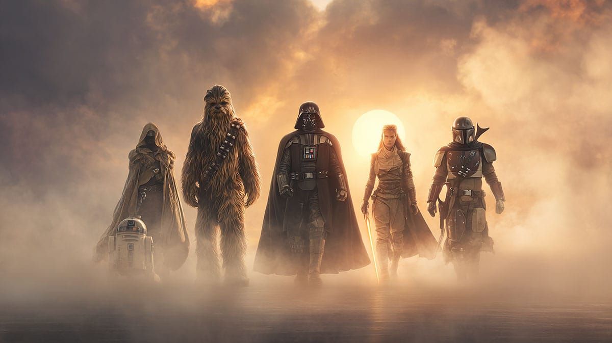 Star Wars costumes featured image with Chewbacca, Darth Vader, Jedi, Mandalorian, and R2-D2 walking together at sunset.