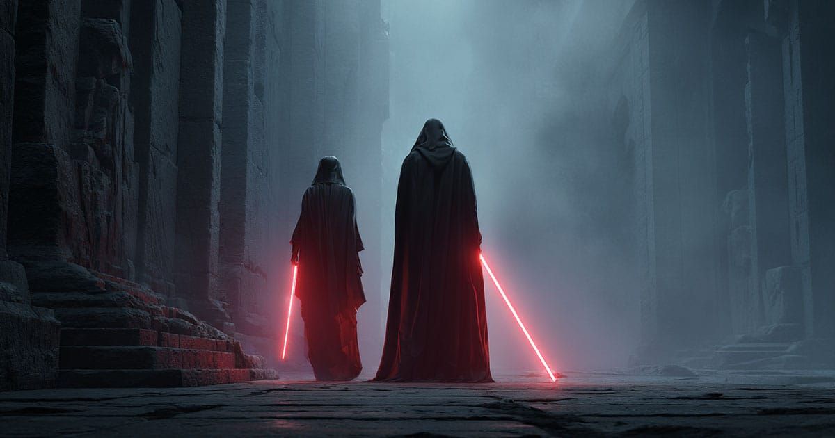 Two Sith Lords in dark robes holding red lightsabers in ancient ruins, representing the Rule of Two in Star Wars Sith tradition.