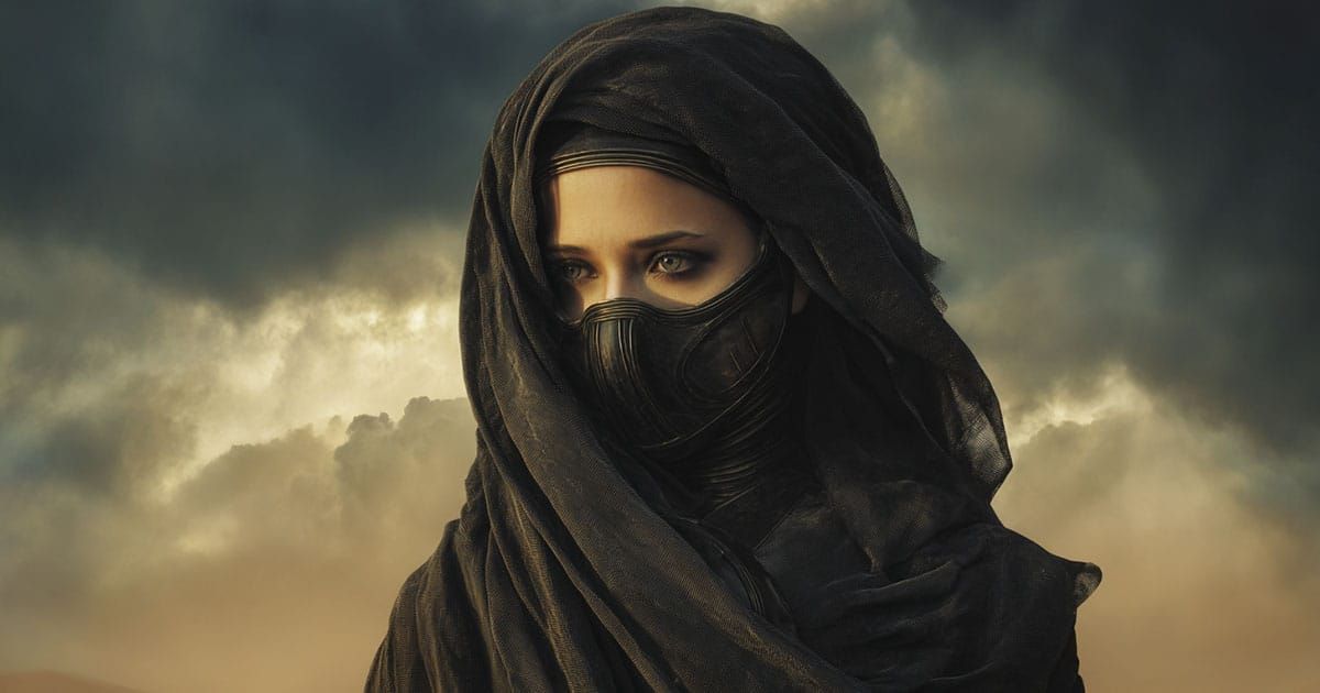 A veiled woman with piercing eyes and desert garb stands against a stormy sky, representing Lady Jessica Atreides in Dune.