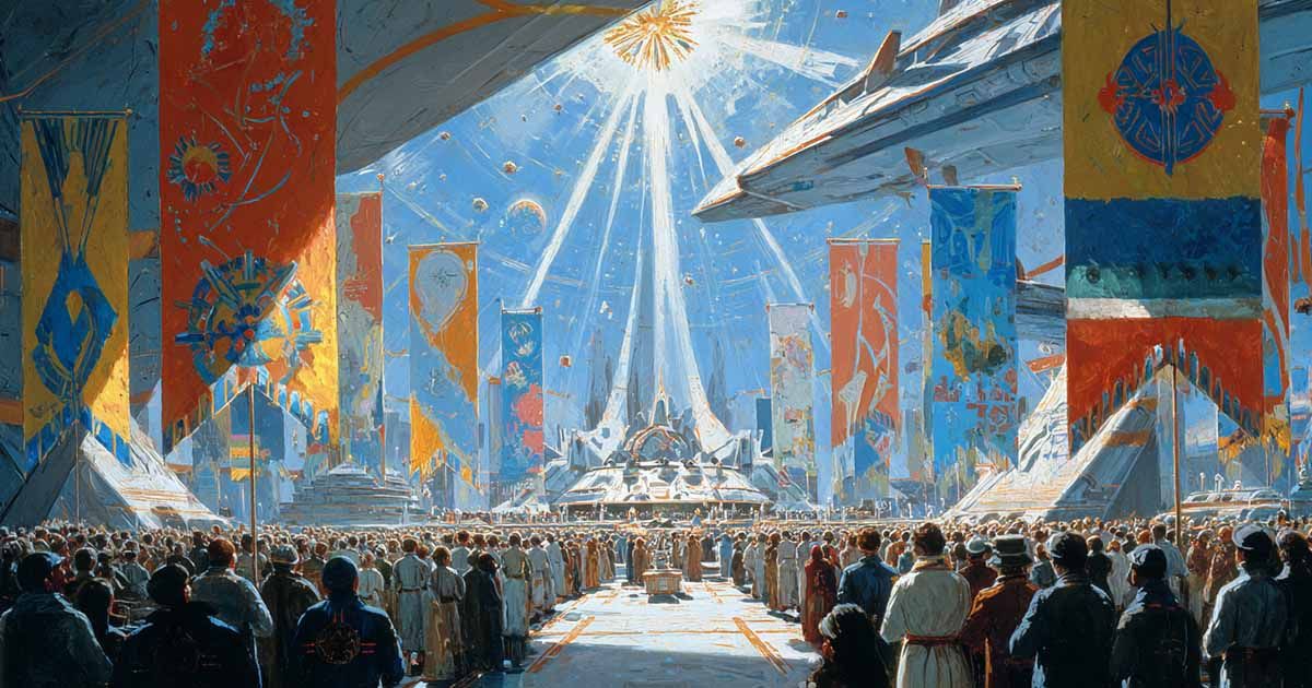 Retro-futurist artwork of a vast futuristic ceremony with banners, crowds, and starships shining under radiant beams of sunlight.