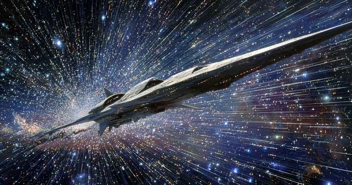 Bussard ramjet starship from "Tau Zero" traveling near light speed, Chesley Bonestell style.