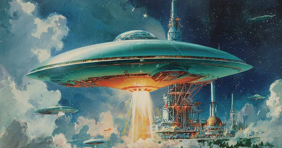 Retro 1960s style science fiction art showing a silver saucer-shaped spaceship launching from a futuristic spaceport, with glowing thrusters and other ships flying overhead.