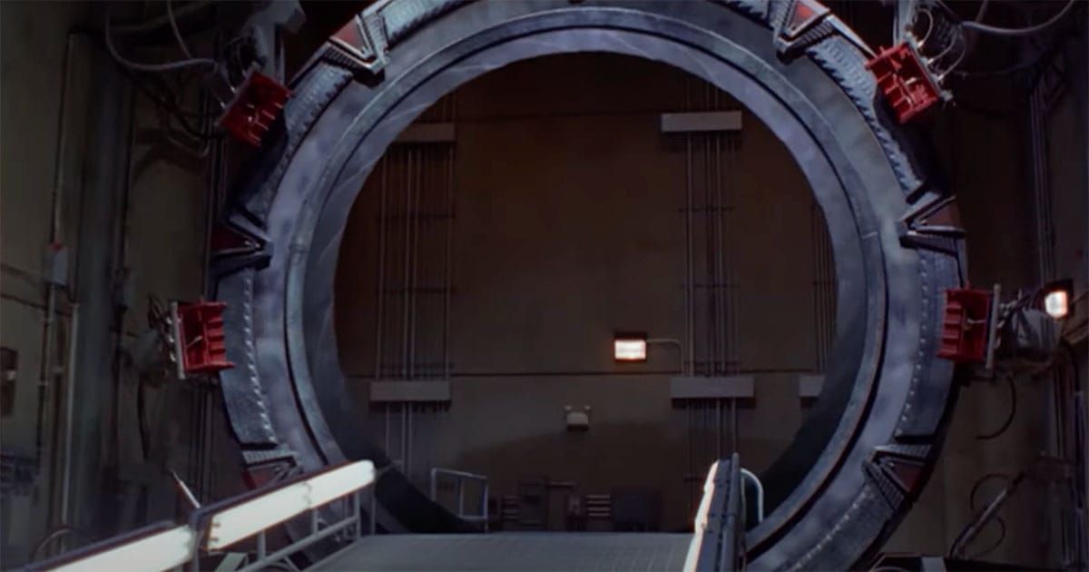 Stargate device in Cheyenne Mountain Gate Room with ramp leading to the circular portal.