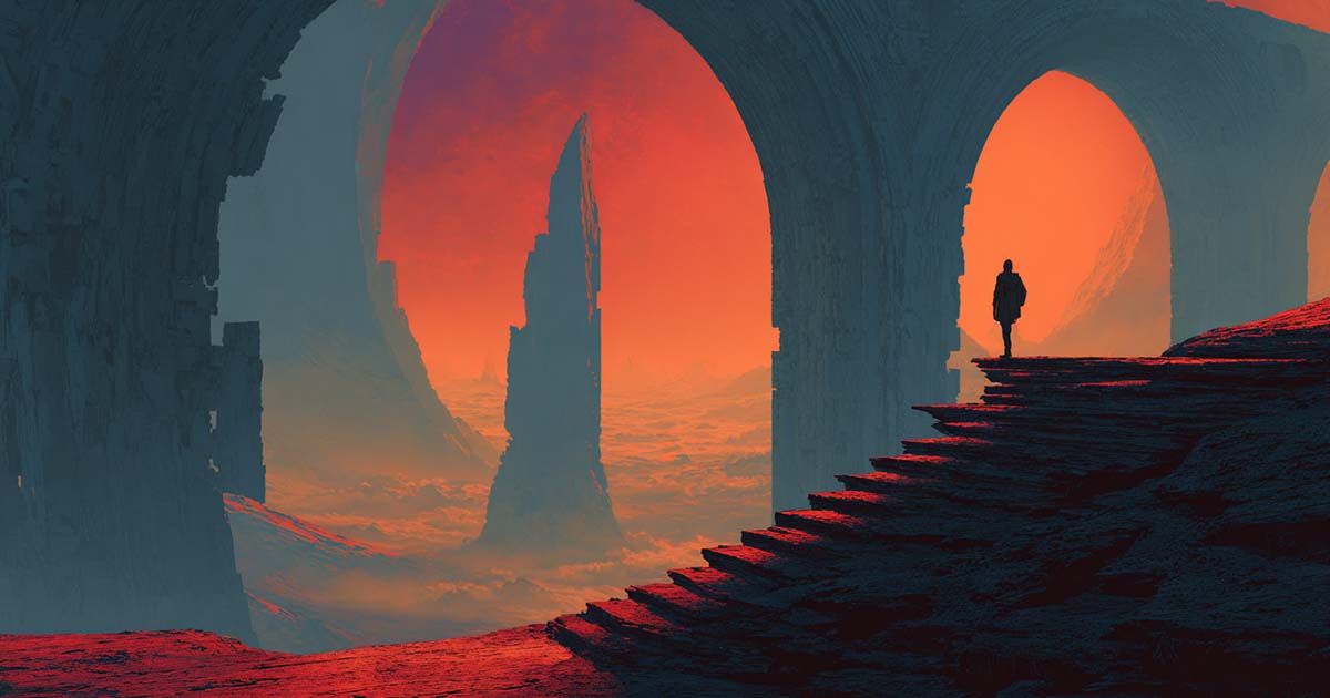 A lone traveler stands beneath massive stone arches facing a red glowing landscape that suggests a descent into an otherworldly realm.