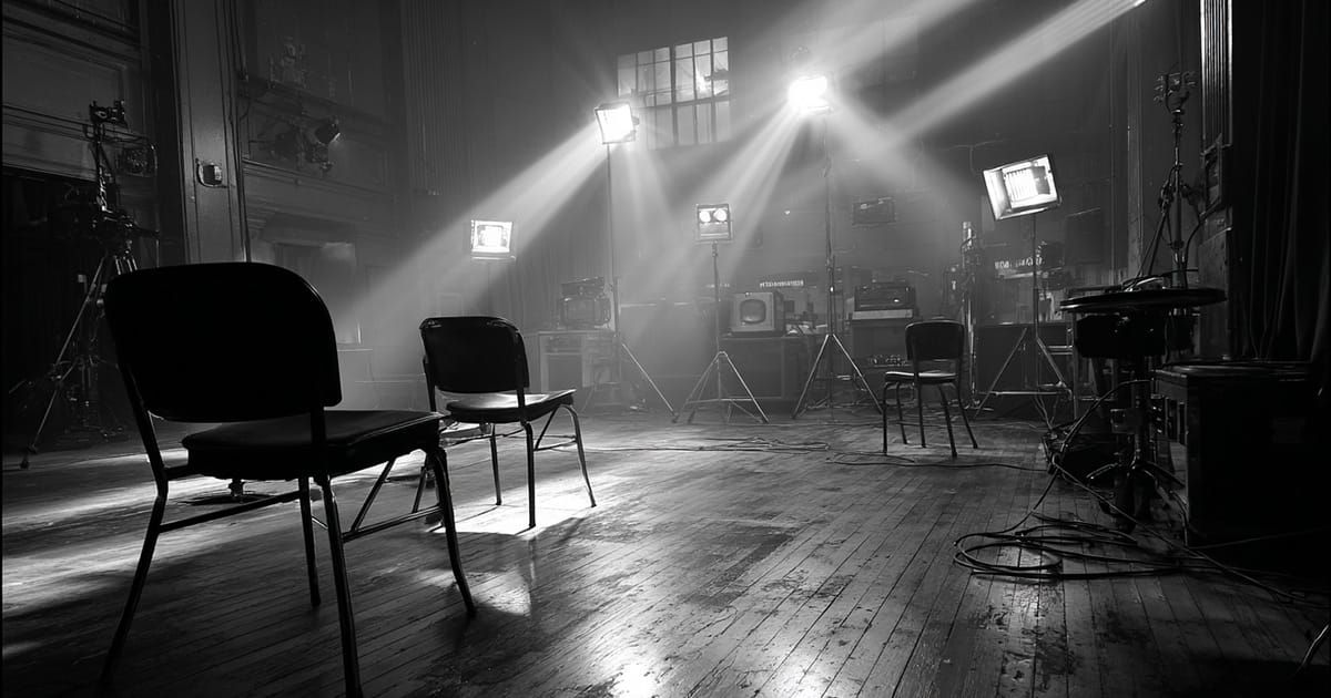 Empty broadcast studio with chairs under harsh stage lights symbolizing lost fame and forgotten identity.