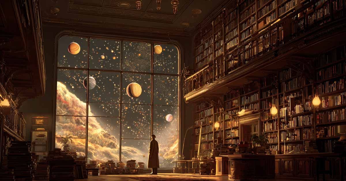 Digital painting of a vast vintage library with a view of outer space through tall windows planets and stars glowing beyond the bookshelves evoking classic science fiction wonder.