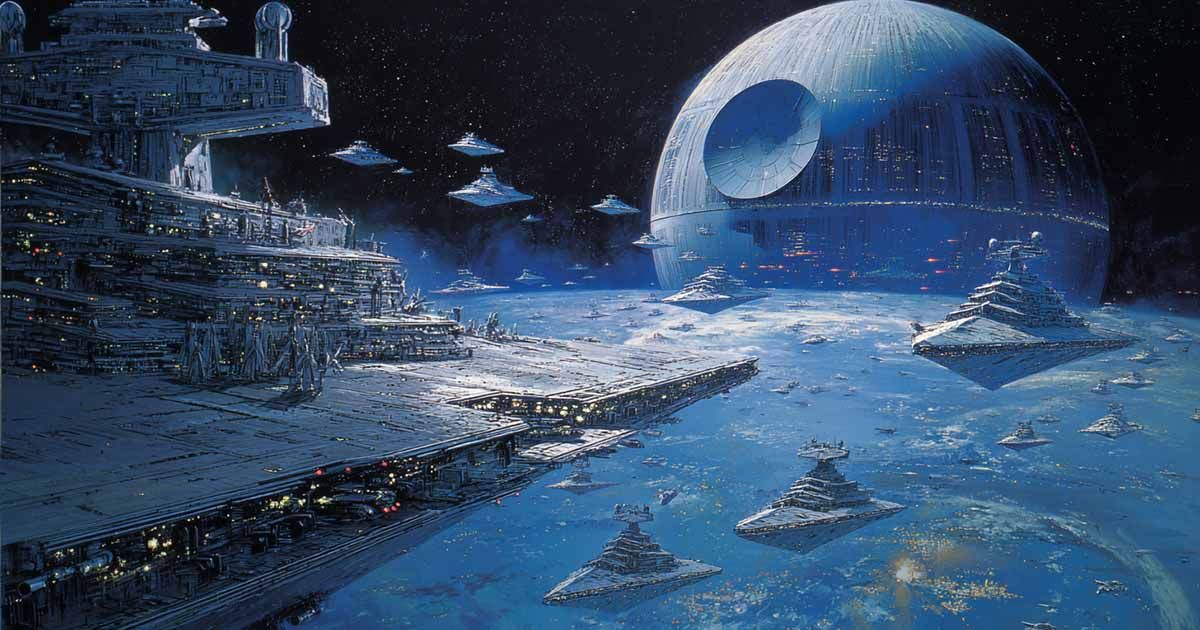 Massive Imperial Star Destroyers orbit a planet while the Death Star looms in the background, painted in the classic 1970s science fiction style of John Berkey.
