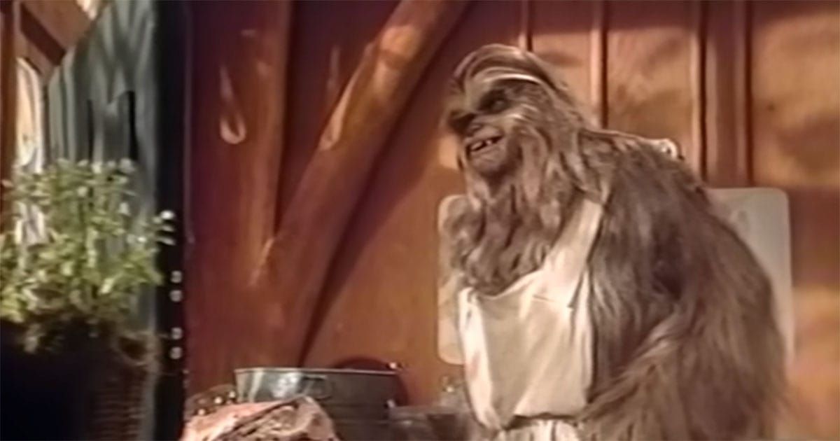 Chewbacca watching a cooking show during the Christmas themed Star Wars Holiday Special from 1978
