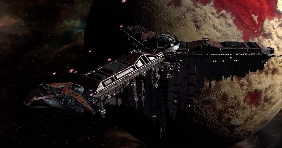 Babylon 5 capital ship rendered in early CGI near a planet, illustrating the series’ groundbreaking use of computer generated imagery.