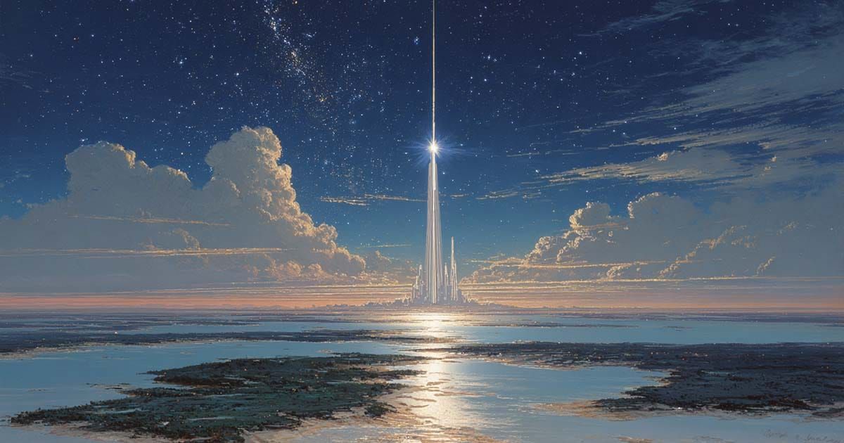 Illustration of a space elevator rising from Earth toward orbit above a calm ocean and distant land under a star-filled sky.