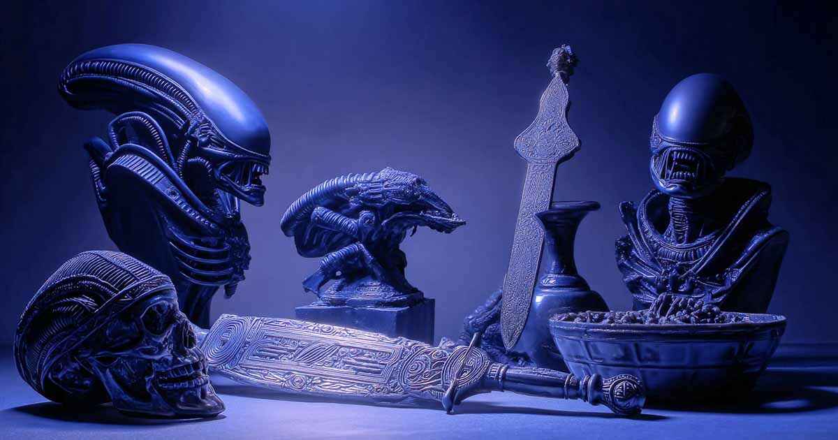 Science fiction collectibles arrangement featuring alien figures ceremonial blade and helmet in blue studio lighting.