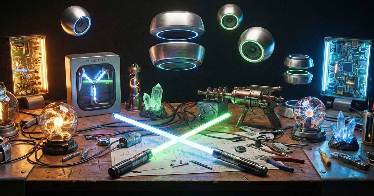 A crowded table of imagined future machines, alive with light, energy, and the promise of invention.