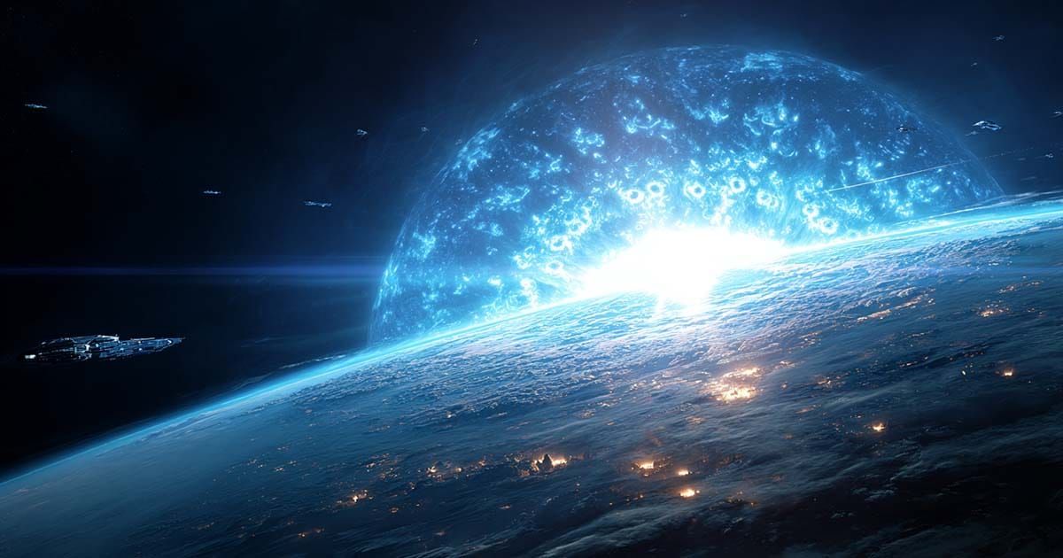 Neutron star glowing intensely in space with multiple spacecraft in orbit, illustrating extreme scale and scientific observation in deep space.