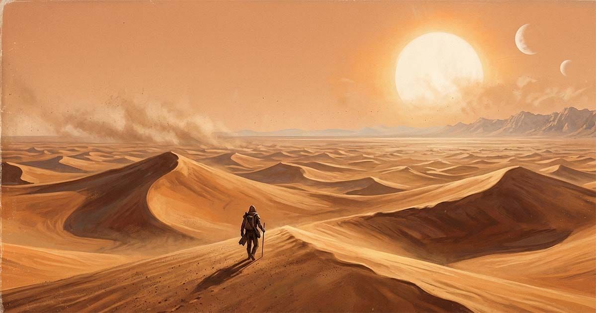 A lone figure crossing the desert dunes of Arrakis in Dune, showing the harsh environment and vast landscape of the planet.