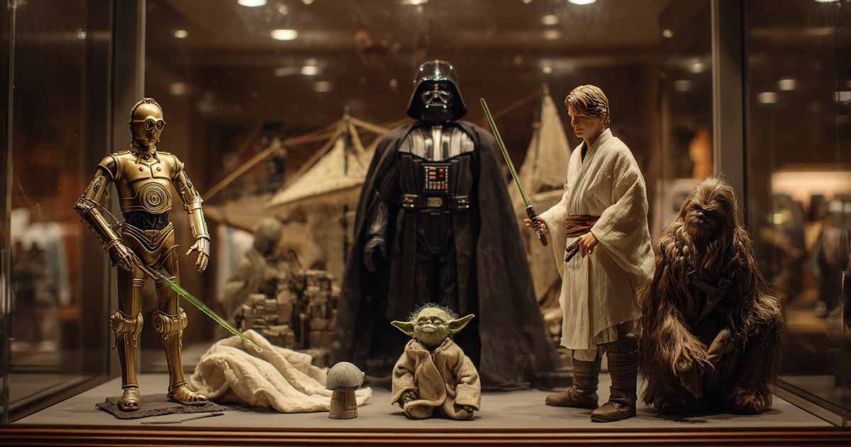 space opera collectible figures displayed in a glass case featuring heroes villains and droids in a museum style setting.