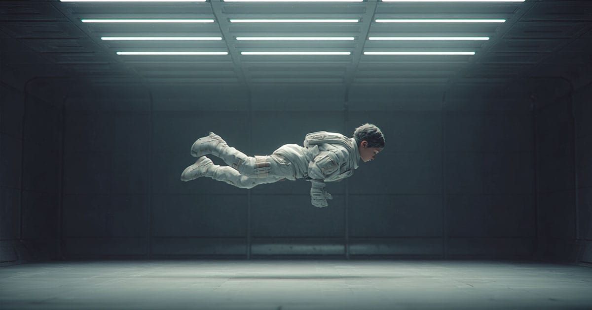 A young boy floating in a zero gravity training room, alone in a controlled futuristic environment.