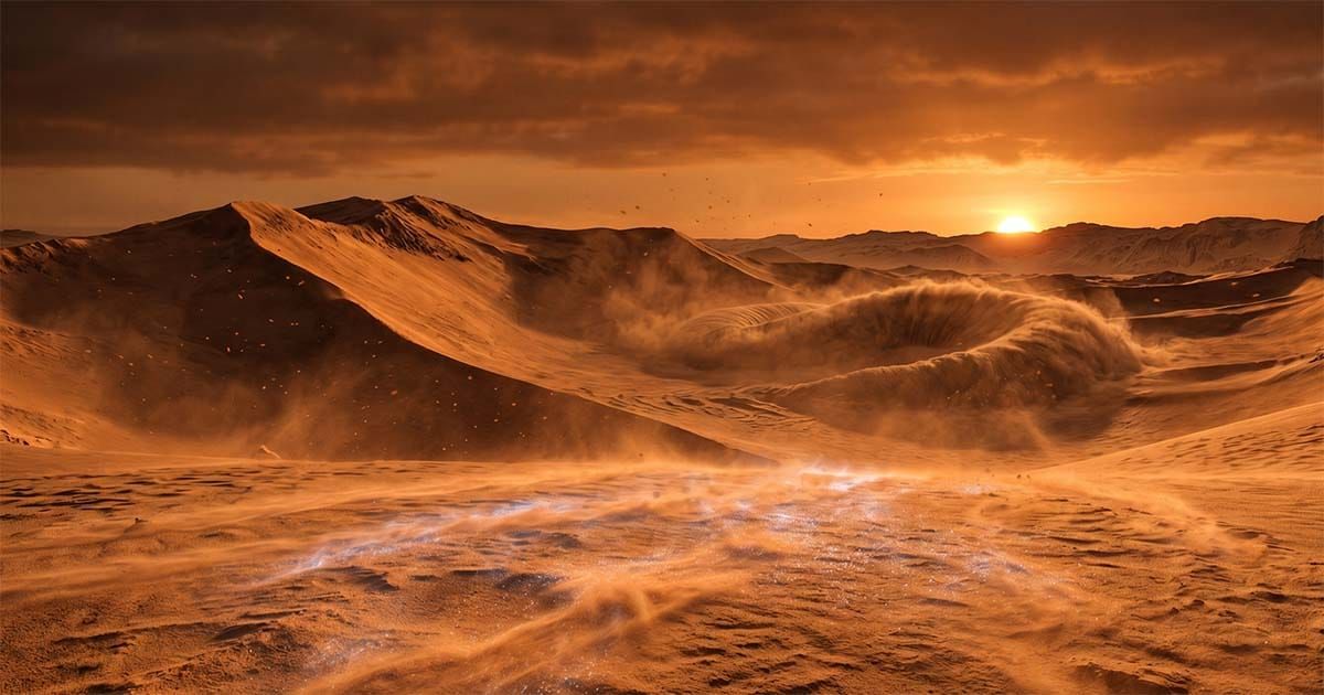 Wide desert landscape with dunes at sunset and a surface disturbance indicating a spice blow on Arrakis.